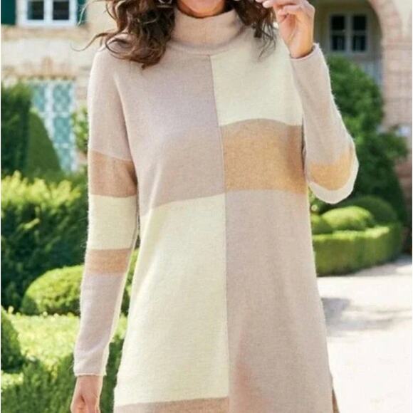 SOFT SURROUNDINGS Quadro Colorblock Turtleneck Sweater Tan Cream {GG49} - Picture 1 of 5